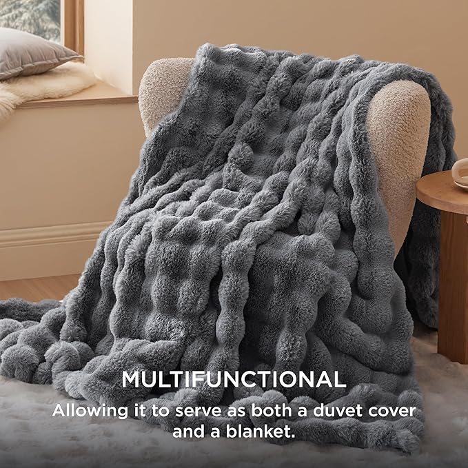 Bedsure Luxurious Faux Fur Duvet Cover King Size Set - Ultra Soft & Fluffy & Cozy & Warm - Elegant Shaggy Bubble Design Bedding with Duvet Cover and Pillow Shams, Grey