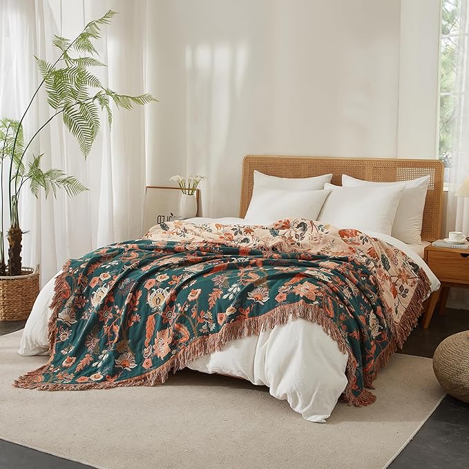 Boho Throw Blanket 100% Cotton Woven Ultra Soft 4-Layer Muslin Quilt Farmhouse Bed Blanket Cover 80"x90", Floral
