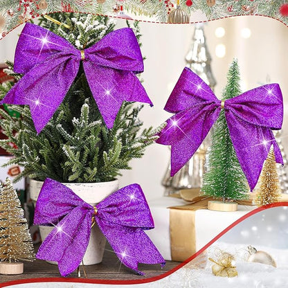 Cindeer 24 Pcs Purple Christmas Bow Decorations 6 x 6 Inches, Glitter Holiday Ornaments Sequin Ties Bows for Xmas Tree, Wreath, DIY Crafts, Gift Wrapping, Party Decor
