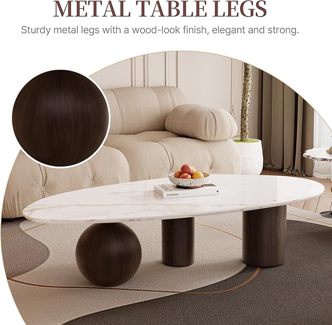 Modern Oval Coffee Table for Living Room, 54" Sintered Stone Cloud Coffee Tabletop with 3 Metal Legs, Minimalist Living Room Table Tea Table Center Table for Home Office