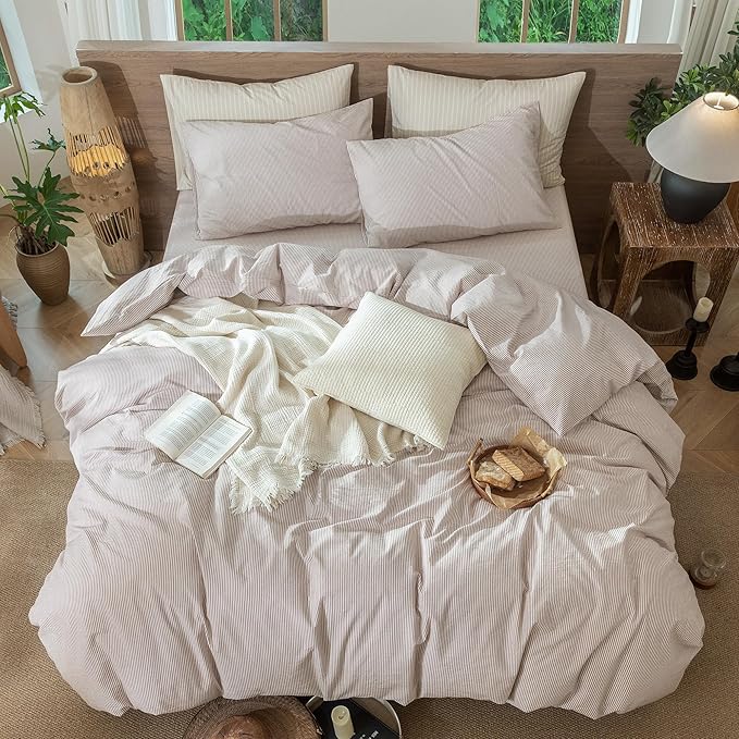 MooMee Striped Duvet Cover Set 100% Washed Cotton Linen Like Textured Breathable Durable Soft Comfy (Orange Pinstripes, Cal King 104"x98")