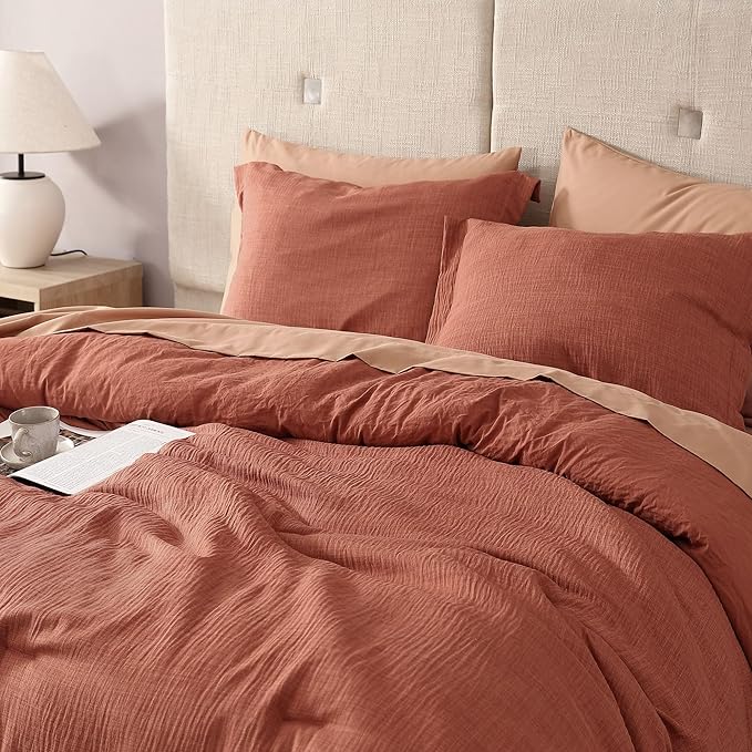 Geniospin Queen Size Comforter Set- 7 Pieces Terracotta Textured King Bedding Set, Soft Solid Bed in a Bag for All Seasons, Fall Comforter Set with Sheets