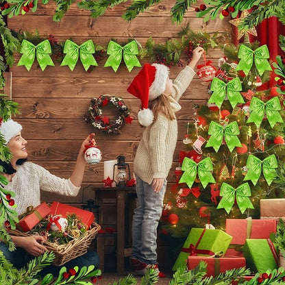 Cindeer 24 Pcs Lime Green Christmas Bow Decorations 6 x 6 Inches, Glitter Holiday Ornaments Sequin Ties Bows for Xmas Tree, Wreath, DIY Crafts, Gift Wrapping, Party Decor