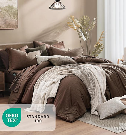 Monbix King Size Comforter Set, Chocolate Brown King Bedding Set Reversible, King Comforter Set 7 Pieces, Cationic Dyeing Bed in a Bag with Comforter, Sheets, Pillowcases & Shams
