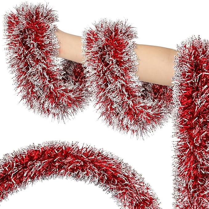 50ft Red&White Christmas Tinsel Garland Christmas Tree Garland Decorations Metallic Tinsel Glitter Twist Garlands Hanging Streamers for Indoor Xmas Holiday Decor