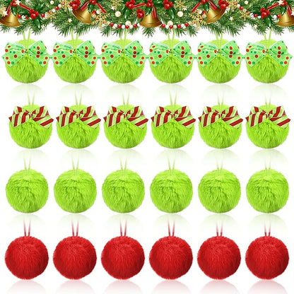 24 Pcs Red Green Furry Christmas Ball Ornaments, 3.15 Inch Large Decor Ball with Bows, Christmas Hanging Decorations Lime Green Soft Faux Fur Pom Pom Balls Decor for Xmas Tree Party Supplies
