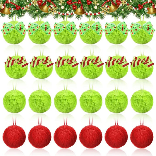 24 Pcs Red Green Furry Christmas Ball Ornaments, 3.15 Inch Large Decor Ball with Bows, Christmas Hanging Decorations Lime Green Soft Faux Fur Pom Pom Balls Decor for Xmas Tree Party Supplies
