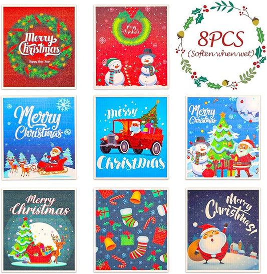 Christmas Swedish Dishcloths Set of 8 Reusable Holiday Kitchen Dish Towels