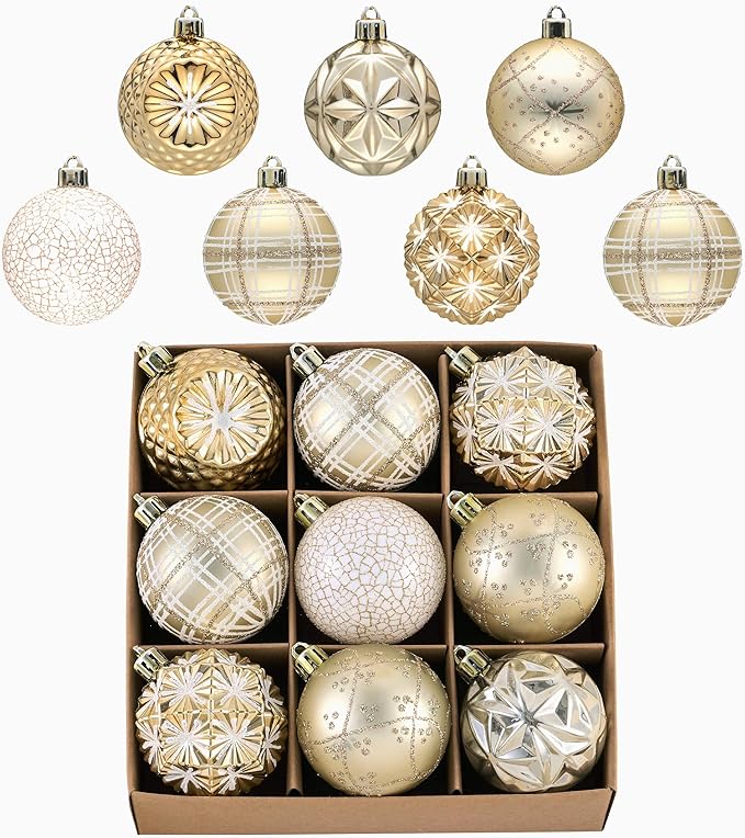 Valery Madelyn Ornaments for Christmas Trees, 9ct 2.36 Inches White and Gold Shatterproof Christmas Tree Decorations, Luxury Hanging Ball Ornaments for Xmas Holiday Party Decor