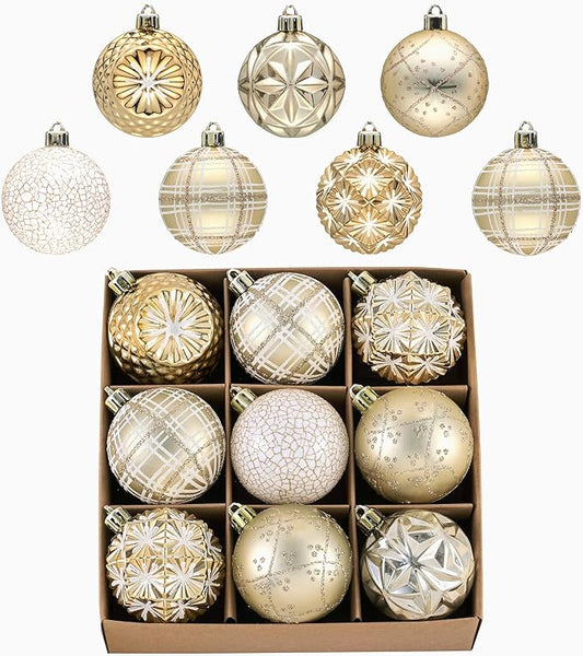 Valery Madelyn Ornaments for Christmas Trees, 9ct 2.36 Inches White and Gold Shatterproof Christmas Tree Decorations, Luxury Hanging Ball Ornaments for Xmas Holiday Party Decor