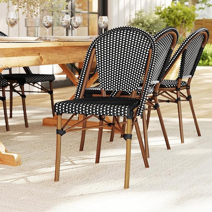 Martha Stewart Lily Pond Indoor-Outdoor Stackable Bistro Outdoor Chairs with Natural Woodgrain Aluminum Frame Finish, Black/White Woven Rattan Backrests/Seats, Set of 2