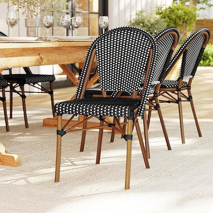 Martha Stewart Lily Pond Indoor-Outdoor Stackable Bistro Outdoor Chairs with Natural Woodgrain Aluminum Frame Finish, Black/White Woven Rattan Backrests/Seats, Set of 2