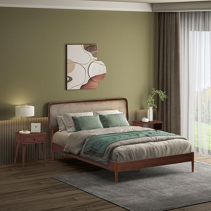 NTC Lupin Wooden Bed Frame with Headboard and Natural Rattan, Solid Oak/Rubber Wood Foundation with Silent Slats, 1000 Lb Capacity, Effortless Assembly (Natural Cane - Dark Walnut, Queen)