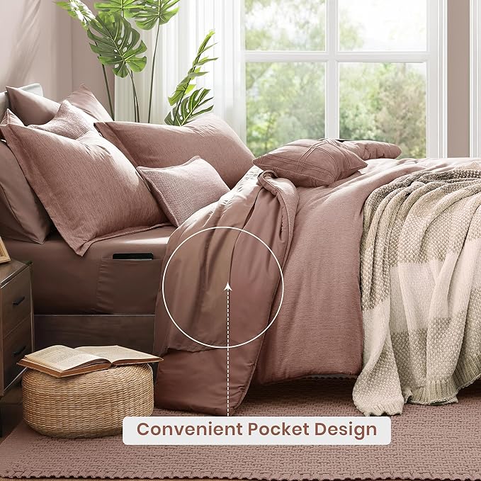 Monbix King Size Comforter Set,7 Pieces Dusty Pink Cationic Dyeing Bed in a Bag King with Comforter, Sheets, Pillowcases & Shams, All Season Reversible Bedding Comforters