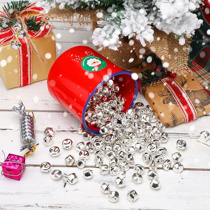 Augshy 200 Pieces Jingle Bells 3/5Inch Craft Bell Bulk for Christmas Home and Pet Decorations Xmas Decor Party Favors Supplies (Silver)