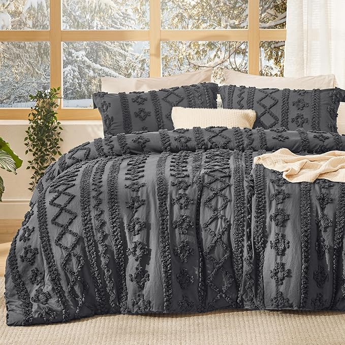 Bedsure Tufted Boho Comforter Set Full Size - Dark Grey Boho Bed Set, GentleSoft™ 3 Pieces Farmhouse Shabby Chic Embroidery Bedding, Gifts for Woman, Soft Jacquard Full Comforter for All Seasons