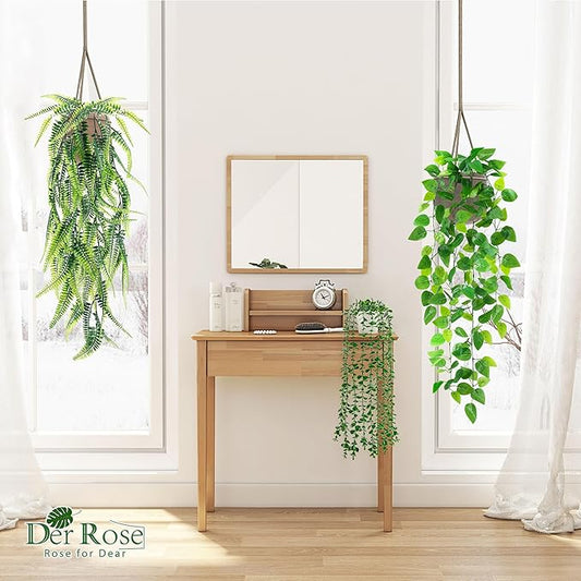 Der Rose 4Pcs Fake Plants Hanging Artificial Ivy Vine Faux Eucalyptus Hanging Plants, Boston Fern, String of Pearls for Living Room Bedroom Boho Wall Shelf Indoor Outdoor Decor (White Pots)