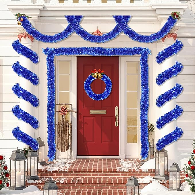 50 Feet Blue Christmas Tinsel Garland for Christmas Tree Decorations, Xmas Metallic Twist Shiny Hanging Garland Decor for Mantle Stairs Fireplace Home Holiday Indoor Outdoor