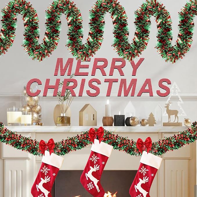 50 Feet Green Red Christmas Tinsel Garland Christmas Decorations for Xmas Tree Decor Metallic Twist Shiny Hanging Garlands for Tree Mantel Stairs Fireplace Home Indoor Outdoor Holiday Party Supplies