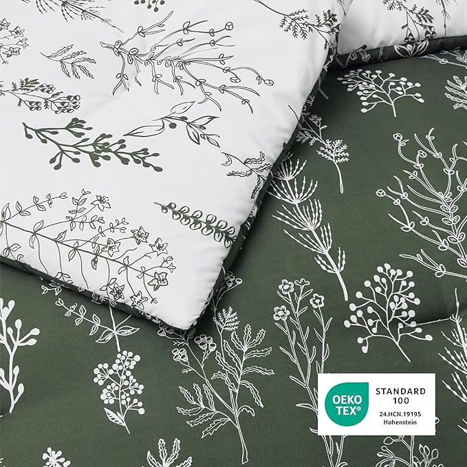 Bedsure Twin/Twin XL Comforter Set - Dark Olive Green Bed Set, 2 Pieces Cute Floral Bedding, 1 Soft Reversible Botanical Flowers Comforter and 1 Pillow Sham