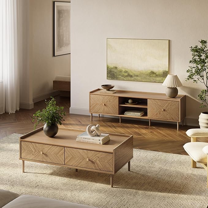 LuxenHome Wood Coffee Table with Storage, 47" Mid Century Modern Coffee Tables with 2-Drawer, Center Table for Small Space, Rectangular Cocktail Tea Tables for Living Room, Office