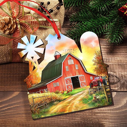 OASSIE Christmas Farmer Gifts for Women Men - Wooden Rustic Farmhouse Ornaments for Tree Decorations - Red Barn Rustic Gifts for Farmers, Farmhouse Christmas Decor, Xmas Gift for Farmer