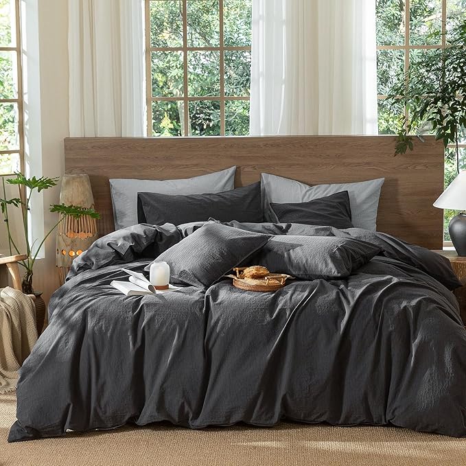 MooMee Wavy Striped Duvet Cover Set 100% Washed Cotton Linen Like Textured Breathable Durable Soft Comfy (Charocal Grey, Full 80"x90")