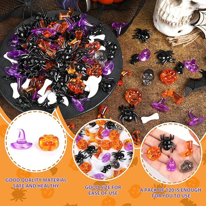 120Pcs Mini Halloween Acrylic Ornaments Vase Filler Mini Ghost Skull Skeleton Witch Hats Bones Spider Acrylic Pumpkin Crystals Gems Table Scatters for Halloween Decoration Party Favors Craft