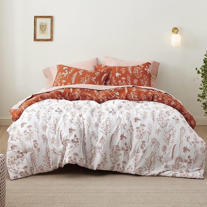 Bedsure California King Comforter Set - Terracotta Bed Set, 3 Pieces Cute Floral Bedding, 1 Soft Reversible Botanical Flowers Comforter and 2 Pillow Shams