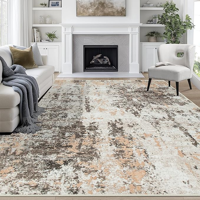 9x12 Area Rugs for Living Room Rug Washable: Abstract Large Rug for Dining Room Bedroom Carpet Non Slip 9 by 12 Indoor Modern Nursery Home Office Brown Beige