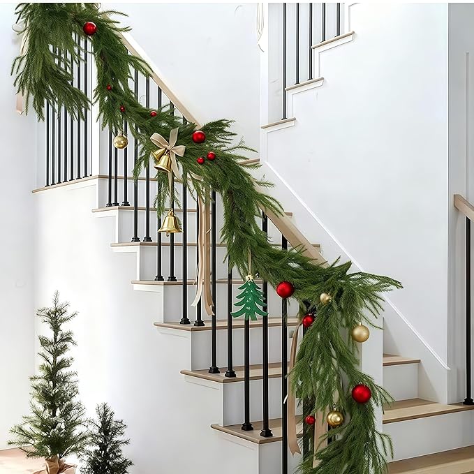 Christmas Decorations Artificial Norfolk Pine Garlands 6FT, Real Touch Winter Pine Garland, Green Artificial Greenery Garland for Table, Mantle, Wall, Indoor, Outdoor Decorations