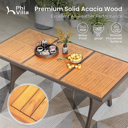 PHI VILLA Outdoor Dining Set for 8, Rectangular Wicker Table with Acacia Wood Top & Rattan Chairs with Cushions, 74” Large Modern Furniture Set for Patio, Deck, Backyard, Porch