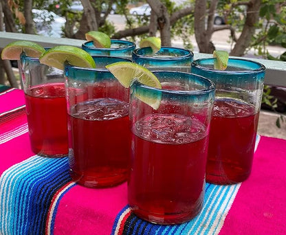 Dos Sueños Hand Blown Mexican Drinking Glasses – Set of 6 Glasses with Aqua Rims 14 oz each