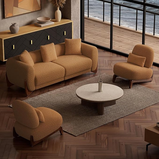 Morden Fort 3 Piece Boucle Sofa Set, Modern Upholstered Couches Sofas Set Durable Comfy Boucle Pet-Friendly, 2 ArmlessChairs & 3-Seater Sofa Sets for Living Room Bedroom Apartment, Toffee Orange