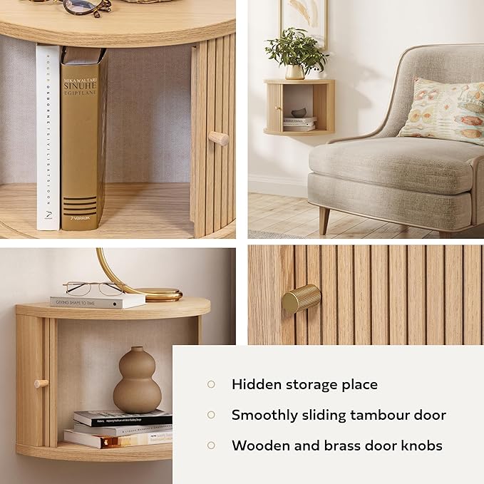 WERMO 16'' Floating Nightstand Shelf with a Sliding Door and Storage - Floating Bedside Shelf Wall Mount, Wall Mounted Wood Nightstand, Mid Century Modern End Table (Oak)