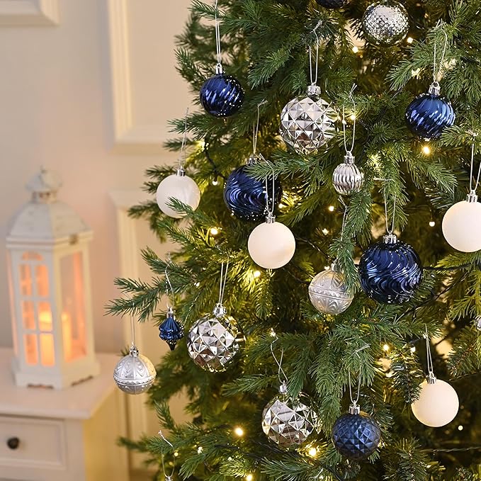 Valery Madelyn 100ct Christmas Tree Decorations Ball Ornament Set, Navy Blue Silver Shatterproof Hanging Ornaments Bulk for Xmas Holiday Party Decor