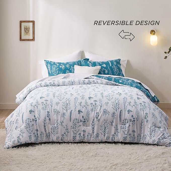 Bedsure Queen Comforter Set - Teal Blue Bed Set, 3 Pieces Cute Floral Bedding, 1 Soft Reversible Botanical Flowers Comforter and 2 Pillow Shams