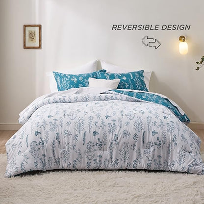 Bedsure Twin/Twin XL Comforter Set - Teal Blue Comforter, Cute Floral Bedding Comforter Sets, Gifts for Woman, 2 Pieces, 1 Soft Reversible Botanical Flowers Comforter and 1 Pillow Sham