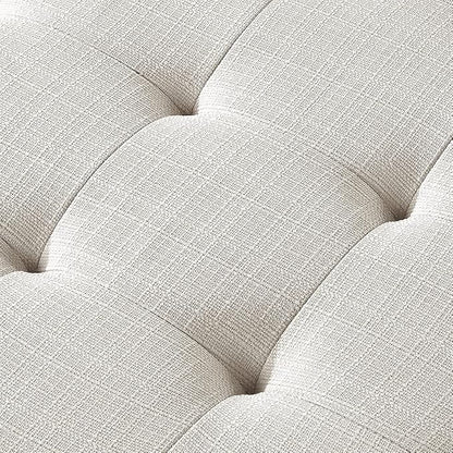 24KF Large Rectangular Upholstered Tufted Linen Ottoman Bench, Padded Bench with Solid Wood Shelf-Ivory