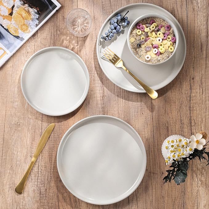 HaWare Stoneware Dinnerware Sets, 6-Piece Plates and Bowls Set for 2, Dishes Set for Home Restaurant, Speckled Milky White