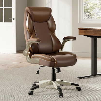 EUREKA ERGONOMIC Galene Executive Office Chair Flip Up Arm Rest, Ergonomic Desk Chair Faux Leather Computer Chair, High Back Office Chair with Headrest, Home Desk Chairs with Wheels, Brown