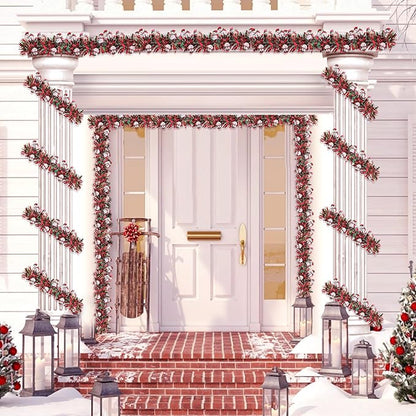 Christmas Garland Xmas Decorations 33 FT Red Green Christmas Tinsel Garland with Snowman Ornaments, Metallic Christmas Tree Garland Indoor Outdoor for Home Mantle Xmas Party Holiday Decor Gifts