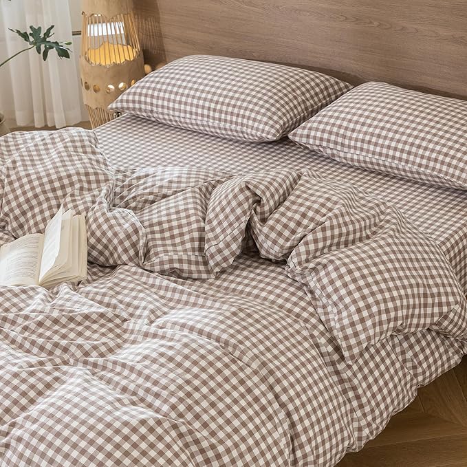 MooMee Gingham Duvet Cover Set 100% Washed Cotton Linen Like Textured Breathable Durable Soft Comfy Modern Checkered Design (Brown Gingham, Twin 68"x90")