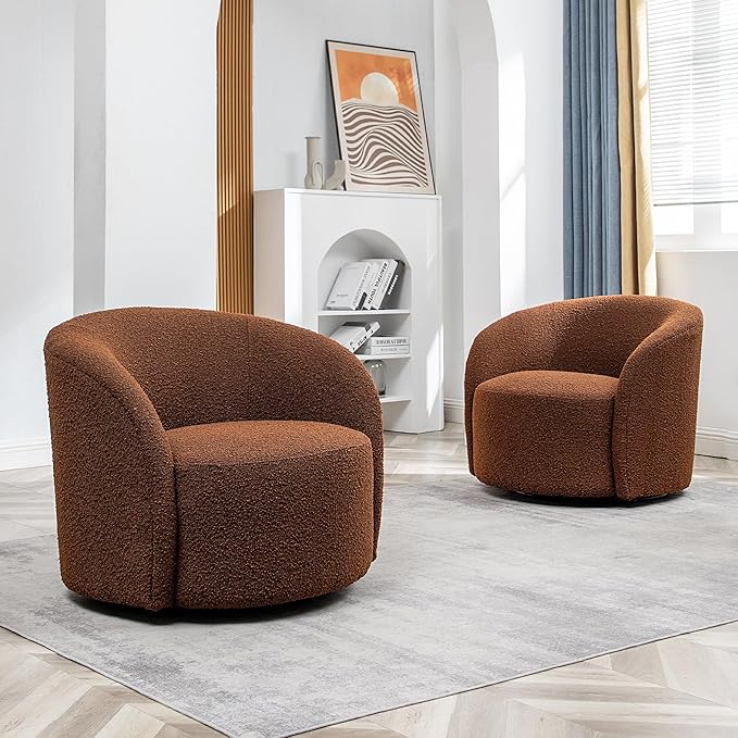 KINWELL 34" W Swivel Barrel Chair Set of 2, Mid Century Modern Round Upholstered Boucle Swivel Accent Chairs, No Assembly Chair for Living Room Bedroom Reading, Brown
