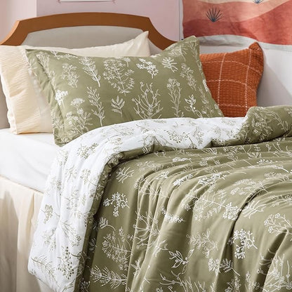 Bedsure Twin/Twin XL Comforter Set - Olive Green Bed Set, 2 Pieces Cute Floral Bedding, 1 Soft Reversible Botanical Flowers Comforter and 1 Pillow Sham
