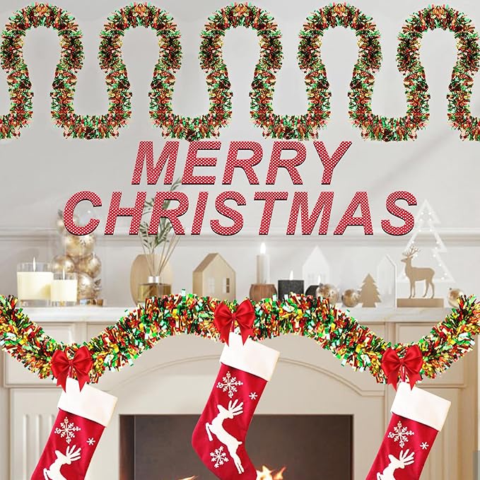 50 FT Christmas Tinsel Garland for Christmas Tree Decorations, Red Green Gold Metallic Twist Shiny Hanging Xmas Garlands for Stairs Mantle Fireplace Home Indoor Outdoor Holiday Party Suppliers Decor