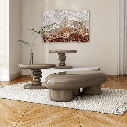 24/7 Shop at Home Kavren Modern 37-inch 3-Piece Oval Glossy Low Profile Coffee Table Set, Stone Shape Living Room Furniture for Small Space, Dark Brown