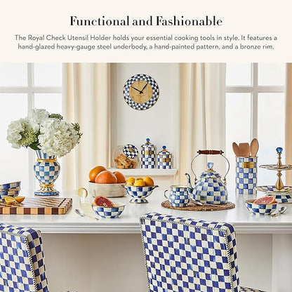 MACKENZIE-CHILDS Enamel Utensil Holder, Kitchen Utensil Holder for Countertop, Storage Caddy, Blue-and-White Royal Check