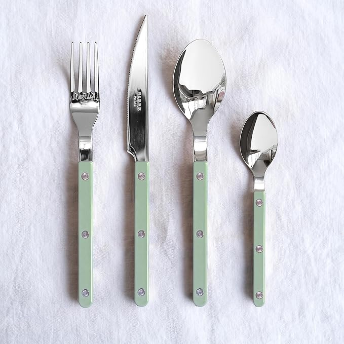 5-Piece Flatware Set - Bistrot Collection - Knife, Fork, Soup Spoon, Teaspoon & Dessert Fork - Stainless Steel & Nylon - Dishwasher Safe - Asparagus - Brilliant Finish