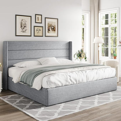 Allewie King Size Lift Up Storage Bed, Modern Wingback Headboard, Hydraulic Support, No Box Spring Needed, Light Grey